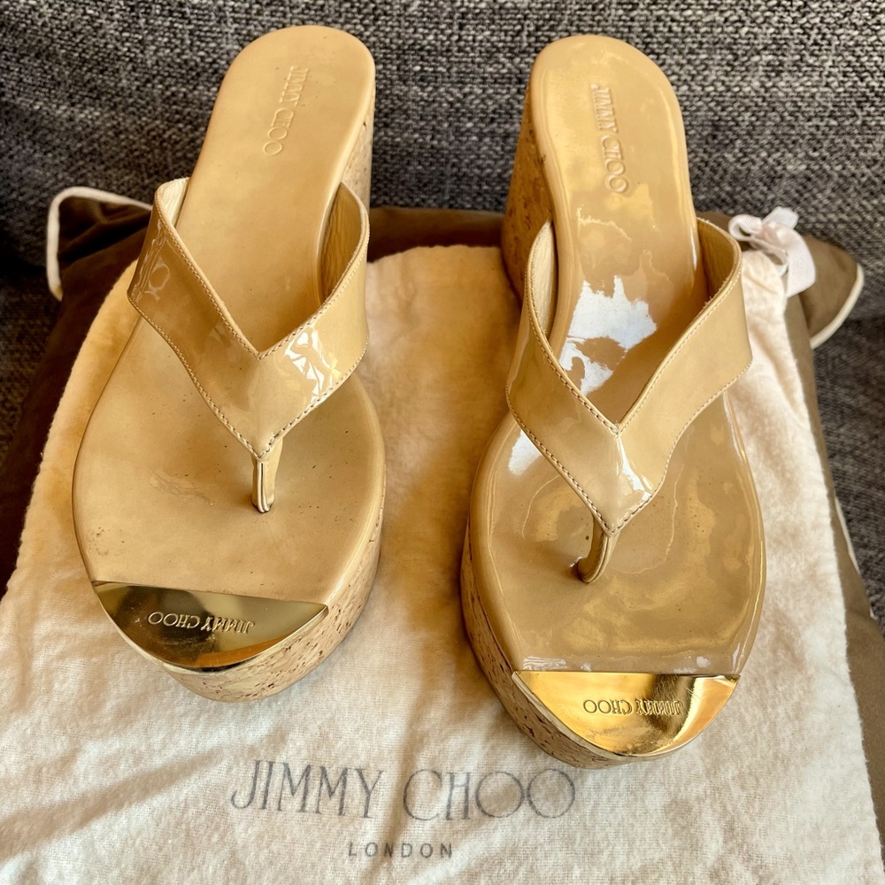 New Jimmy Choo, sexy, classic, beautiful, patent leather, sandals w/JC gold toes